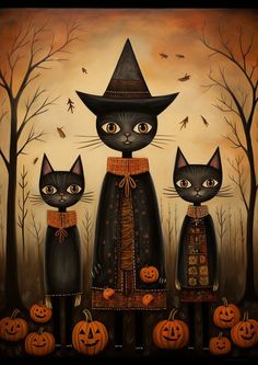 three black cats dressed up as witches and pumpkins