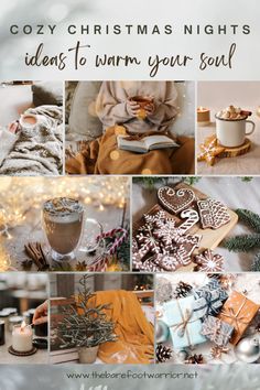 a collage of christmas lights and decorations with text overlay that reads cozy christmas nights ideas to warm your soul