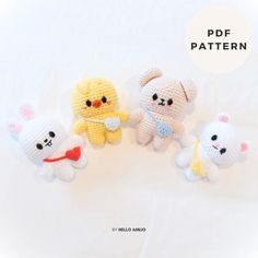 three crocheted stuffed animals sitting next to each other on a white background with the text, free pattern