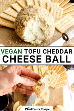 vegan tofu cheddar cheese ball on a cutting board with crackers