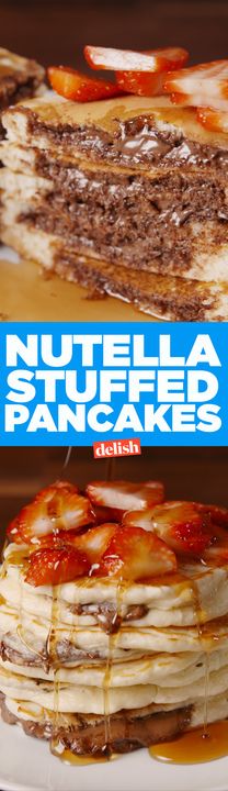 a stack of pancakes covered in nutella sauce