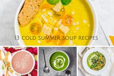 a collage of different soups with the words 13 cold summer soup recipes