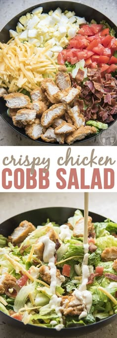 this cobb salad is loaded with chicken, lettuce, tomatoes, and cheese