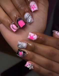 Y2k Short Junk Nails, Short Exotic Nails, Junk Nails, Hard Nails, Drip Nails, Colored Acrylic Nails, Work Nails, Dope Nail Designs, Short Square Acrylic Nails