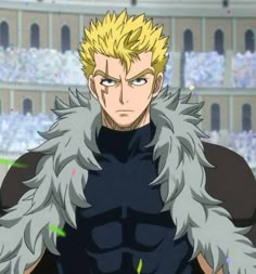 an anime character with blonde hair wearing a black shirt and white fur coat, standing in front of a stadium