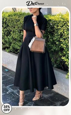 Solid Short Sleeve A Line Dress Dress Elegant Short, Black Dresses Classy, Line Dress, Looks Chic, Dress And Heels, Xl Dress, Skater Dress, Look Fashion, New York Fashion