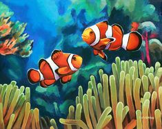 two clown fish swimming in an ocean with corals and seaweed on the bottom