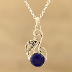 Deep blue lapis lazuli is exquisite in this pendant necklace from India's Alok Jain. Artisans set the stone in sterling silver and crown it with a beautifully-detailed leaf and flower. The pendant centers a classic sterling cable chain. Birthstone Necklace Mothers, Lapis Lazuli Jewelry, Amethyst Necklace Pendant, Lapis Lazuli Pendant, Lapis Lazuli Necklace, Lapis Blue, Blue Lapis Lazuli, Blue Lapis, Sterling Silver Necklace Pendants