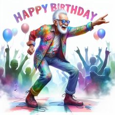 an old man dancing with balloons and confetti in the background