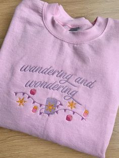 Disney Inspired Embroidered Pink Crewneck Sweatshirt Tangled Embroidered Sweatshirt, Tangled Disneyland Outfit, Disney Princess Sweatshirt, Pink Embroidered Sweatshirt, Cute Disney Clothes, Tangled Crewneck, Rapunzel Inspired Cake, Aesthetic Disney Shirts, Disney Embroidery Sweatshirt