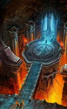 an image of a fantasy setting with stairs leading up to a clock on the wall