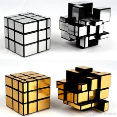 four different types of rubik cubes in various shapes and sizes, all with gold foil on them