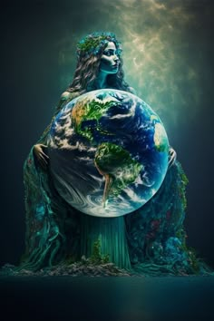 a woman holding the earth in her hands with clouds and water around it, as if she