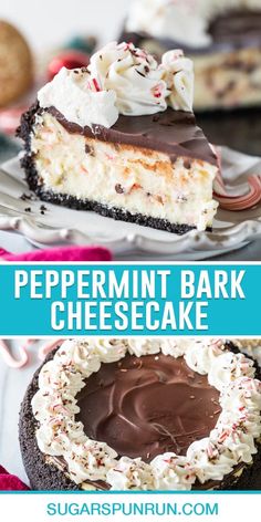 a slice of peppermint bark cheesecake on a plate