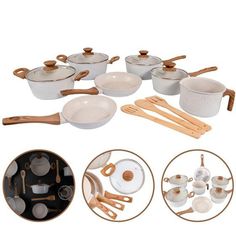 an assortment of cooking utensils and pots