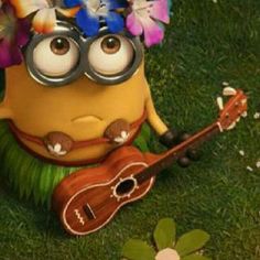 a minion with flowers in her hair playing the ukulele on the grass