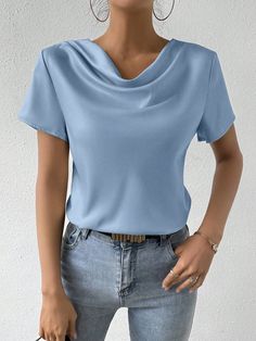 Women's Solid Color Draped Neck Summer Elegant Short Sleeve Shirt Blue Casual,Elegant  Short Sleeve Fabric Plain Top Non-Stretch  Women Clothing, size features are:Bust: ,Length: ,Sleeve Length: Summer Elegant, Cowl Neck Top, Solid Tops, Short Sleeve Blouse, Free Clothes, Cowl Neck, Women Clothing, Women Clothes Sale