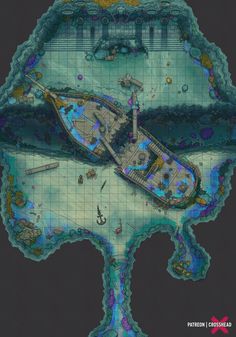 Water Dungeon Map, Underwater Temple Map Dnd, Dnd Underwater City, D&d Ship Battlemap, Underwater Battlemaps, Sunken Ship Art, Underwater Temple Map, Desert Dnd Art, Underwater Map Dnd