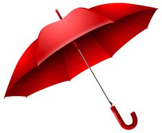 an open red umbrella is shown on a white background, with the handle extended up