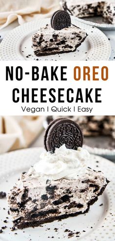 no - bake oreo cheesecake on a plate with an oreo cookie