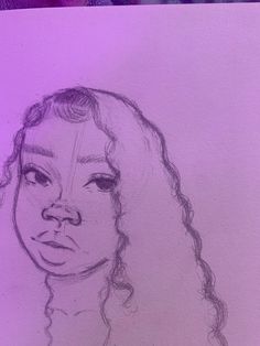 a drawing of a woman's face on a piece of paper with purple background