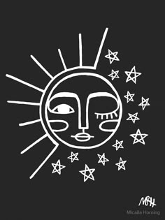 a black and white drawing of a sun with stars on it's face, against a dark background