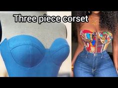 a woman wearing a blue corset and jeans with the words three piece corset