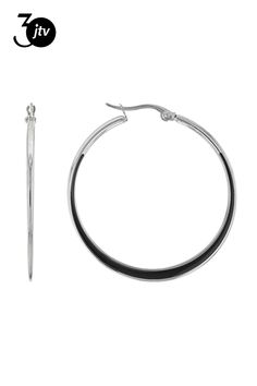 Sophisticated Steel�� stainless steel hoop earrings with black enamel. Measures approximately 1 1/2 of an inch in length and 1/16 of an inch in width and have saddleback closures. Modern Black Small Hoop Jewelry, Modern Black Round Hoop Earrings, Modern Black Hoop Jewelry, Modern Black Hypoallergenic Jewelry, Stainless Steel Hoop Jewelry With Polished Finish, Polished Stainless Steel Hoop Jewelry, Modern Black Hoop Earrings, Nickel-free Small Hoop Black Jewelry, Black Nickel-free Small Hoop Jewelry