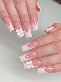 Coquette Nail, Nails Coquette, Bow Nail Designs, Pink French Manicure, Long Coffin Nails, Bow Nails, Bow Nail, Nails Glossy, French Tip Nail Designs