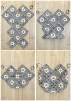 crocheted potholders are shown in four different ways, including one with flowers on them