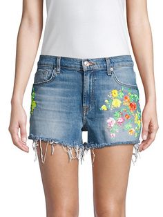 7 For All Mankind High-Waist Embroidered Floral Frayed Cutoffs on SALE | Saks OFF 5TH Tie Waist Shorts, Seersucker Shorts, Polka Dot Shorts, Denim Cutoffs, Pleated Shorts, Elastic Waist Shorts, Denim Cotton, Denim Shorts Women, Linen Shorts