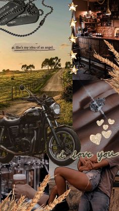 a collage of photos with an image of a motorcycle and the words love you written on it