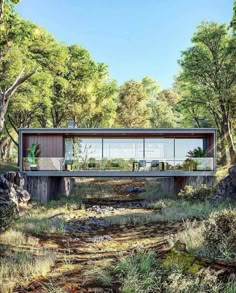 an artist's rendering of a house in the woods with trees and rocks around it