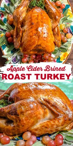 roast turkey and apple cider brine on a plate with the title roast turkey and apple cider brine