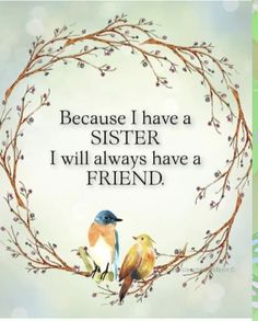 two birds sitting on top of a branch with the words, because i have a sister i will always have a friend