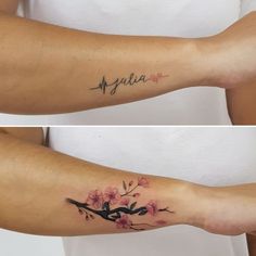 two pictures of the same arm with flowers on it, one has a name tattoo and the other has a bird