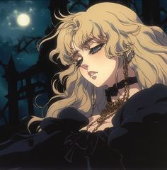 a woman with blonde hair and blue eyes wearing a black dress in front of a full moon