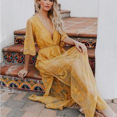 New Boutique Item S 4-6 M 8-10 L 12-14 Xl 16-18 Cheap Bohemian Orange Maxi Dress, Burnt Orange Boho Maxi Dress, Yellow Dresses Boho, Cheap Solid Color Bohemian Dresses, Mastard Yellow Dress, Mustard Lace Dress, Mustard Yellow Wedding, Summer Dress Coverup, Yellow Boho Dress