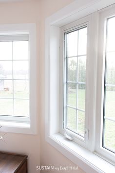 two windows in a pink room with white trim