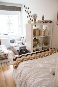 a bedroom with a bed, couch and book shelf