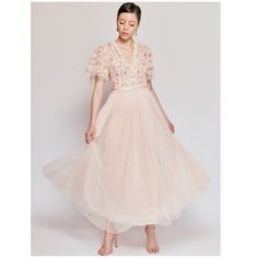 Needle & Thread Florentina Short Sleeve Bodice Ankle Gown, Blush, 6 (Us) - New With Tags - Orig: $529 - Embellished Ruffle Bodice - Ankle-Length Gown - Soft Tulle Skirt - Back Zip - Cotton; Cotton Lining - Professionally Clean Approx. Measurements: - Size: Us 6 - Across Shoulder: 13” - Bust: 34” - Waist: 26” - Hips: 44” - Body Length: 55” Actual Item For Sale Is Pictured Using A Mannequin. For Sizing Reference, Our Mannequin’s Measurements: Shoulder: 17” | Bust: 35.5” | Waist: 26.5” | Hips: 38.5 Cream Tulle Skirt Dress For Spring, Spring Gala Gown In Tulle, Spring Gala Tulle Gown, Spring Gown With Lace Bodice In Tulle, Spring Gala Evening Dress With Lace Bodice, Spring Evening Gown With Tulle Skirt, Spring Wedding Gown With Tulle Skirt, Fitted Midi Dress With Tulle Skirt For Wedding, Spring Gala Gown With Lace Bodice