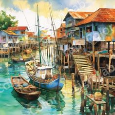 a painting of several boats docked at a dock with houses in the background and water around them