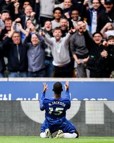 the soccer players are celebrating their team's win in front of an excited crowd