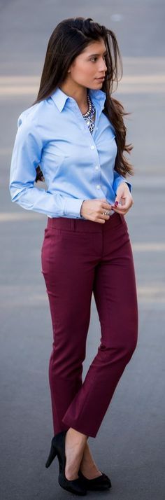 Wear burgundy trousers with a crisp button-up to work. Dress up the outfit with a statement necklace and pumps—try leopard for splash of print. Burgundy Trousers, Maroon Pants, Skirt Diy, Outfit Essentials, Professional Work Outfit, Professional Attire, Business Outfit