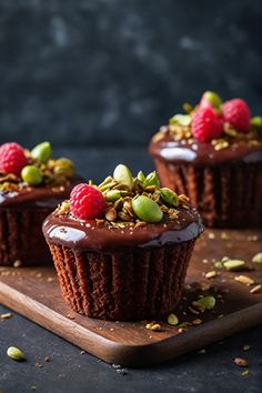 two cupcakes with chocolate frosting and raspberries are on a cutting board