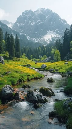 a stream running through a lush green forest filled with flowers next to a snow covered mountain