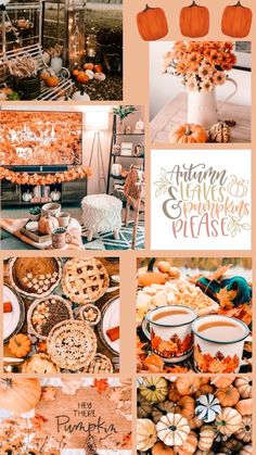 a collage of photos with pumpkins, pies and other foods on it