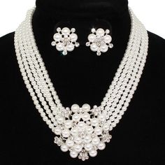 Silver Rhinestone Pearl Flower Necklace Clip On Earring Set For Women Bridal #cheapnecklacesforwomen #necklacesforwomen Pearl Flower Necklace, Bracelets Pearl, Pearl Cluster Necklace, Non Pierced Earrings, Clip On Earring, Necklace Sets, Pearl Cluster, Cluster Necklace