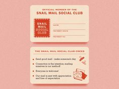 two red and white business cards with the words small mail social club on them, against a pink background