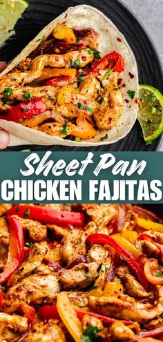 sheet pan chicken fajitas on a plate with lime wedges